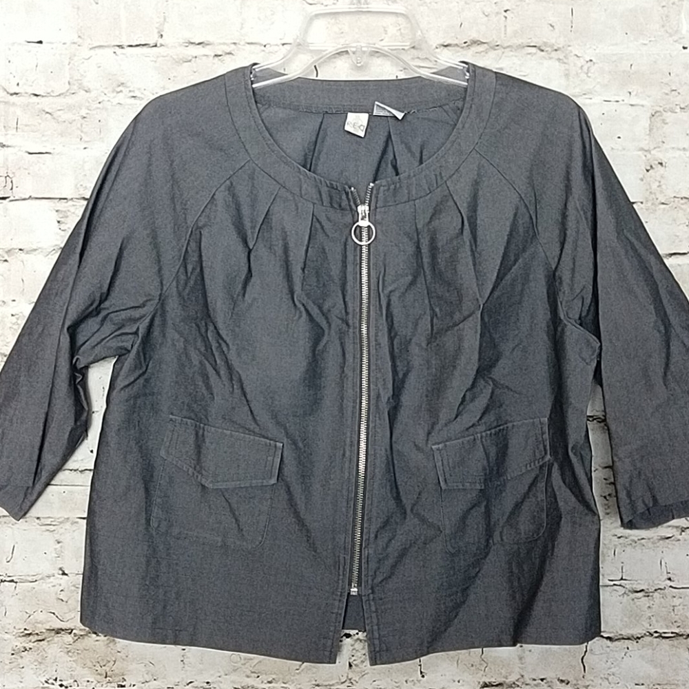 Cardigan Jacket Size 12 Pockets Gray Full Zip Three Quarter Sleeve Stretch REQ